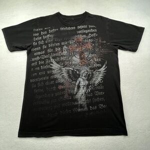 Hybrid VINTAGE Y2K Graphic Guardian Angel Cross T-shirt Black Medium